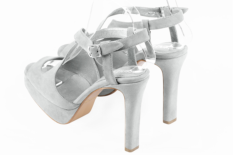Pearl grey women's open back sandals, with crossed straps. Round toe. Very high slim heel with a platform at the front. Rear view - Florence KOOIJMAN